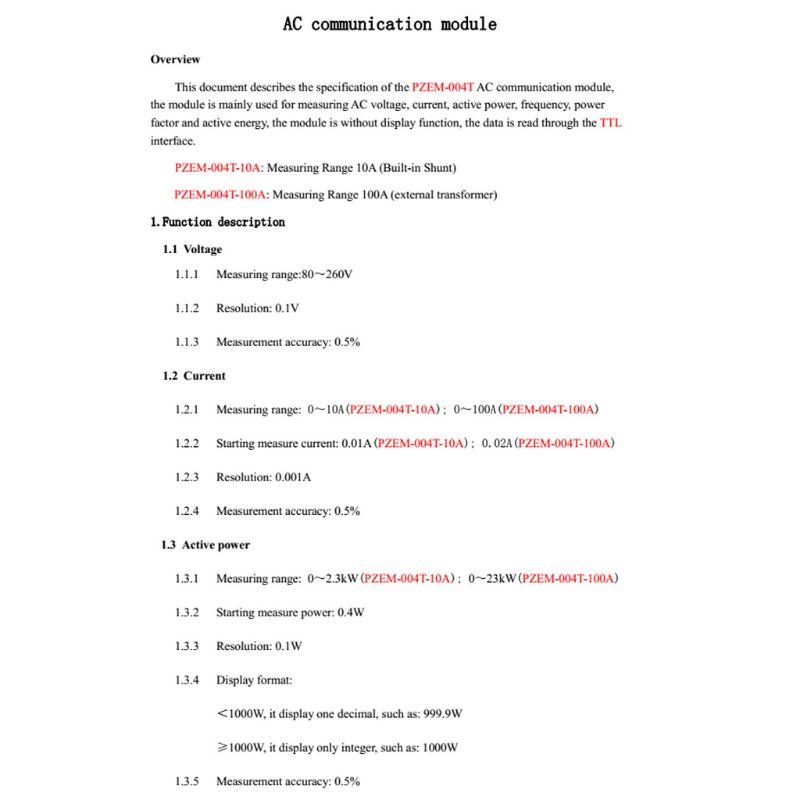 Коммуникационный модуль PZEM-004T TTL Modbus-RTU AC Однофазный 100A Измерение напряжения переменного тока, тока Высокая точность, Прочный