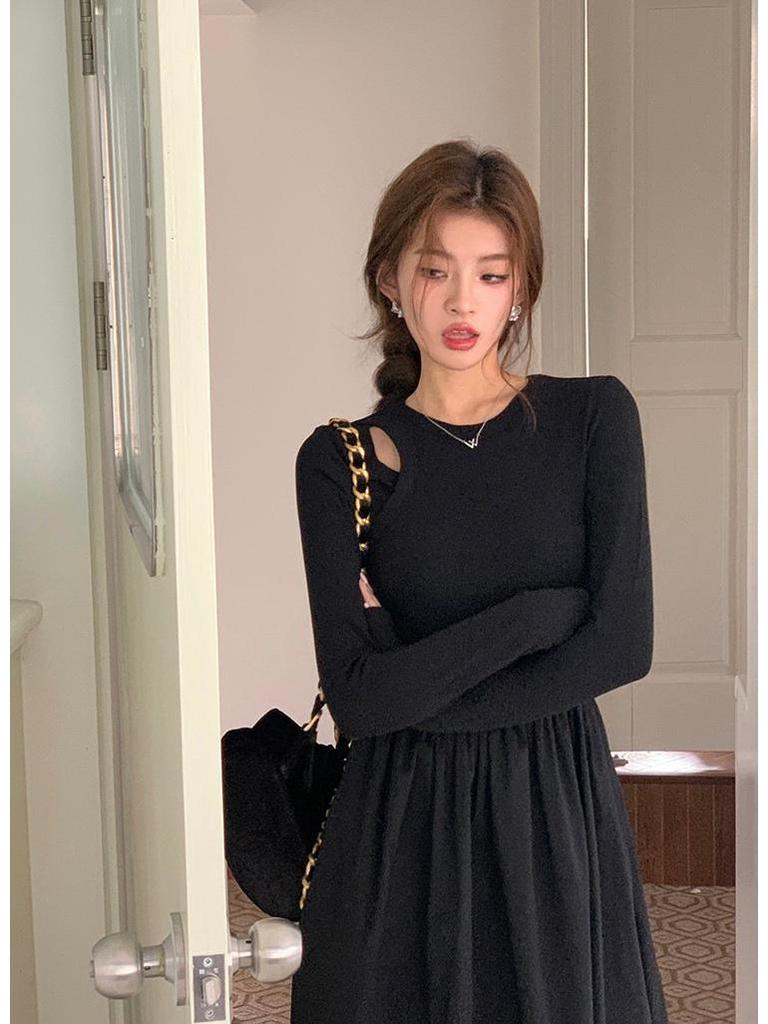 Hepburn-Style Hollow Long-Sleeve Slim Fit Dress - Autumn/Winter 2024