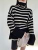 Женский вязаный свитер с высоким воротником - Ретро полосатый дизайн, свободный крой, осень/зима 2023, корейский стиль.
