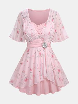 Rosegal Plus Size Rose Flower Print Mesh Tulip Hem Buckle Ruffles Ruched Surplie Ribbed Textured 2 In 1 Top