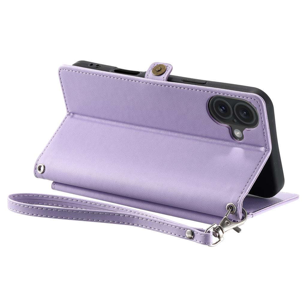 For iPhone 16 Leather Case Wallet Stand Phone Cover with Straps - Purple