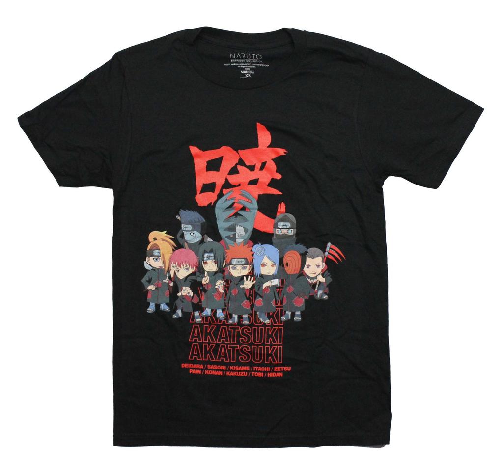 Naruto Shippuden New Adult T-Shirt -Chibi Akatsuki Cast with Names Logo on Back