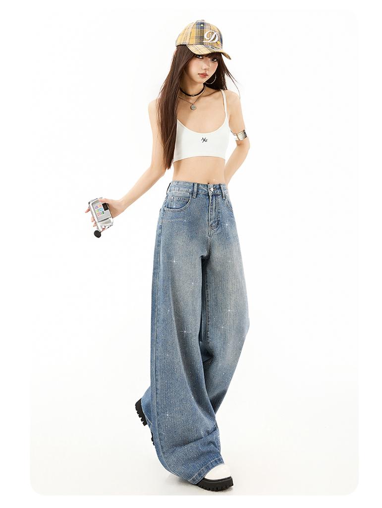 Ge Di Jie Starry Hot Diamond Wide Leg Jeans for Women