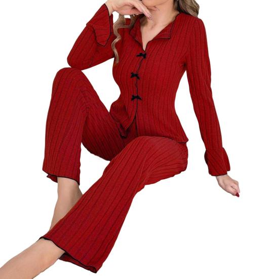 Women's Pajama Set Long Sleeve Top And Wide Leg Long Pants Lounge Set Casual Slim 2 Piece Pjs Sleepwear