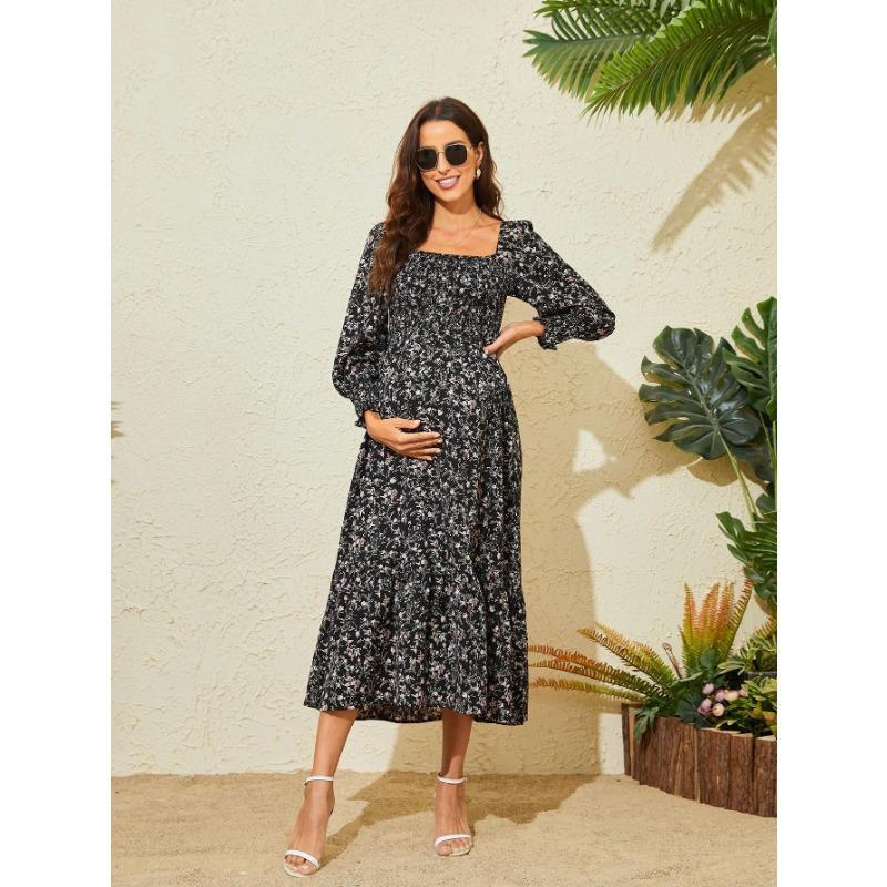 YYFS Women's Fashion Spring Fall Flower Pattern Print Long Sleeve Square Collar High Waist Casual Dresses