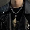 Hip Hop Style Silver Cuban Link Chain Necklace Stylish Rectangular Pendant Necklace with Double Layer for Fashion Men