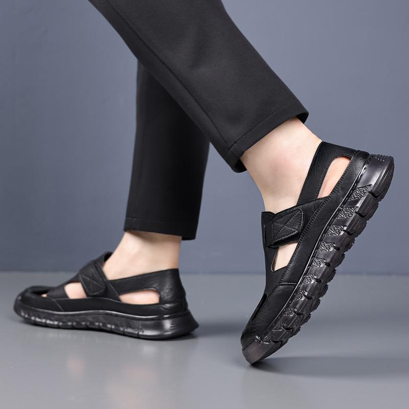 Fashion Men Soft Sole Comfort Sport Sandals Outdoor Light Beach Split Cow Leather Hollow Out Shoes Summer Anti-Slip Casual Men Sandals