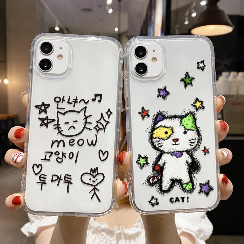 Милый Кавайный Кот Собака Наклейка Чехол для Телефона для iPhone 17 16 15 14 13 12 11 Pro Max Plus Корейский Стиль Ударопрочный Прозрачный Мягкий ТПУ Чехол
