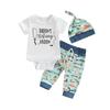 Newborn Three-Piece Outfits, Letter Print Short Sleeve Romper + Colorful Fishes Patchwork Drawstring Trousers + Knotted Hat