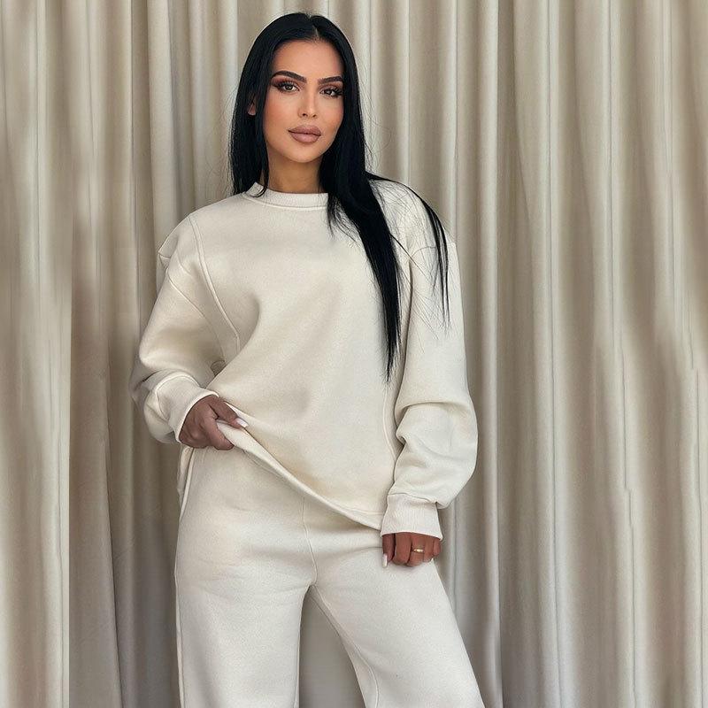2024 осень и зима новый однотонный круглый вырез длинный рукав свободный женский комплект одежды модный повседневный широкий брюки