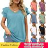Women's Summer Solid Color V-neck Double-layer Ruffle Sleeve Loose Ladies Top T-shirt