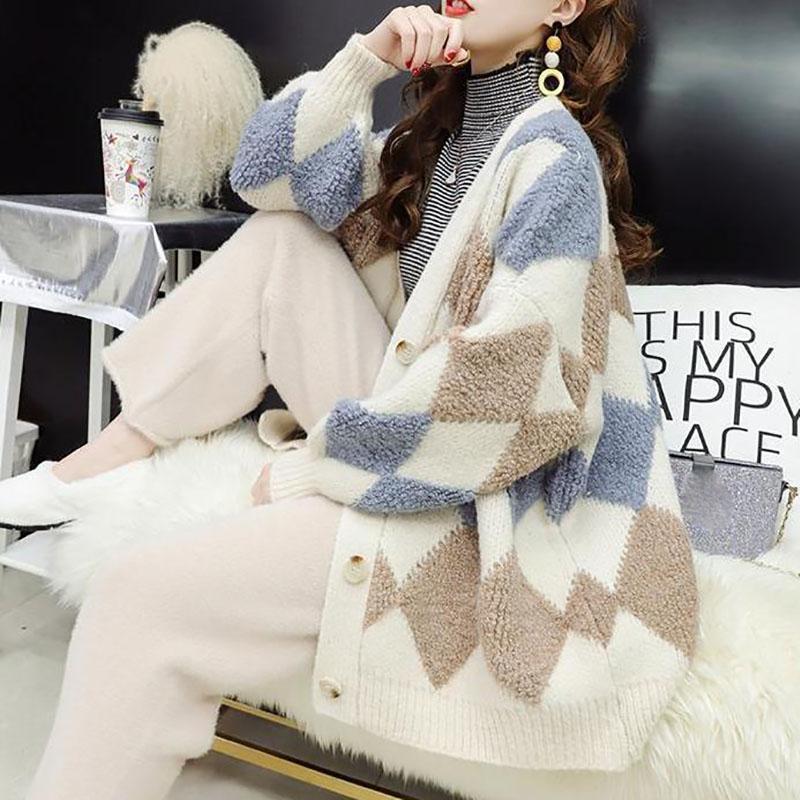 Вязаный кардиган женский большой размер осень и зима свободный свитер пальто