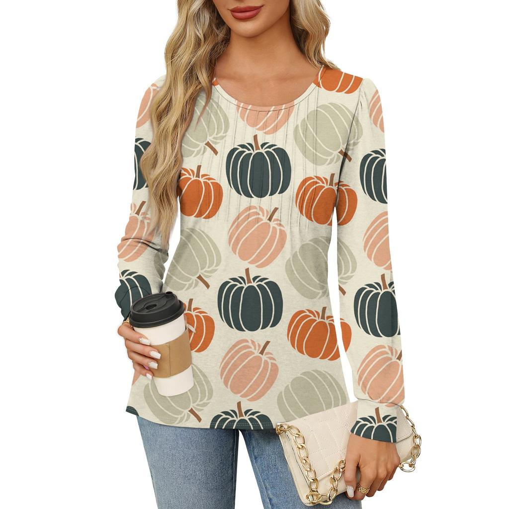 Рубашки с длинным рукавом для женщин, милые принты, графические футболки, блузки, нарядные повседневные блузки, плиссированные туники с круглым вырезом, топы на Хэллоуин