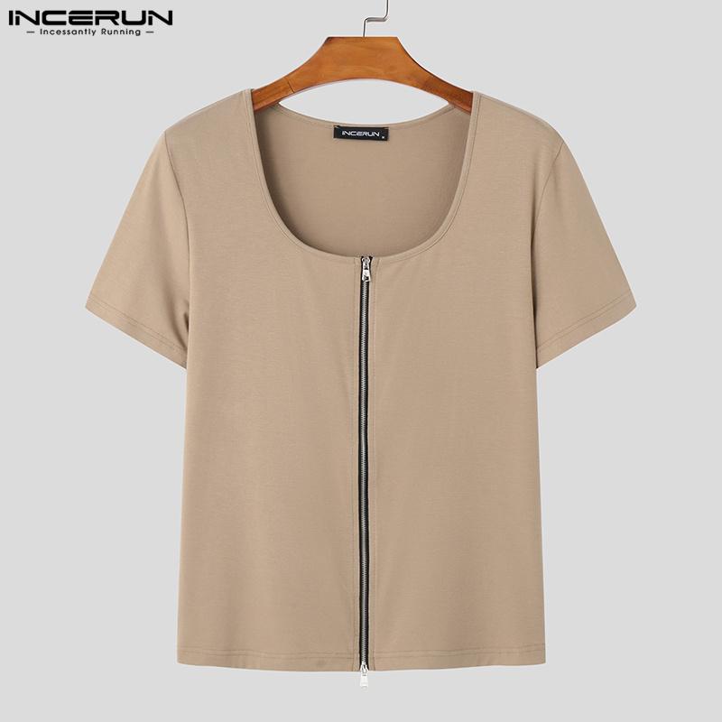 INCERUN Летние мужские футболки с коротким рукавом и U-образным вырезом на молнии, повседневные облегающие футболки, короткие топы