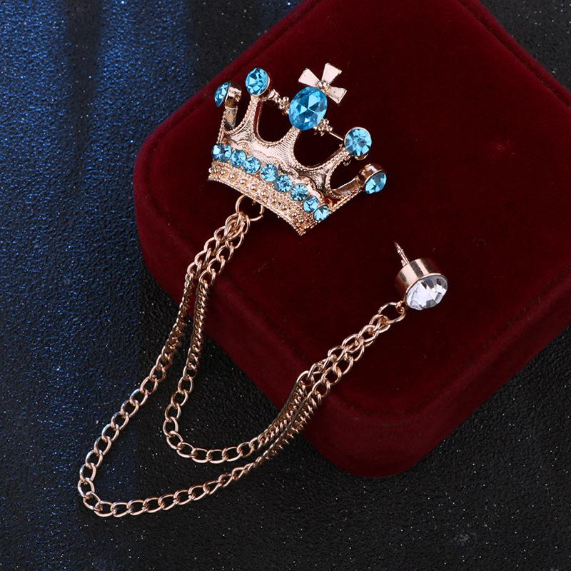 Crystal Men Brooch Pin Crown Fashion Collar Pins Suit Lapel Wedding Gift Jewelry Cross Chain