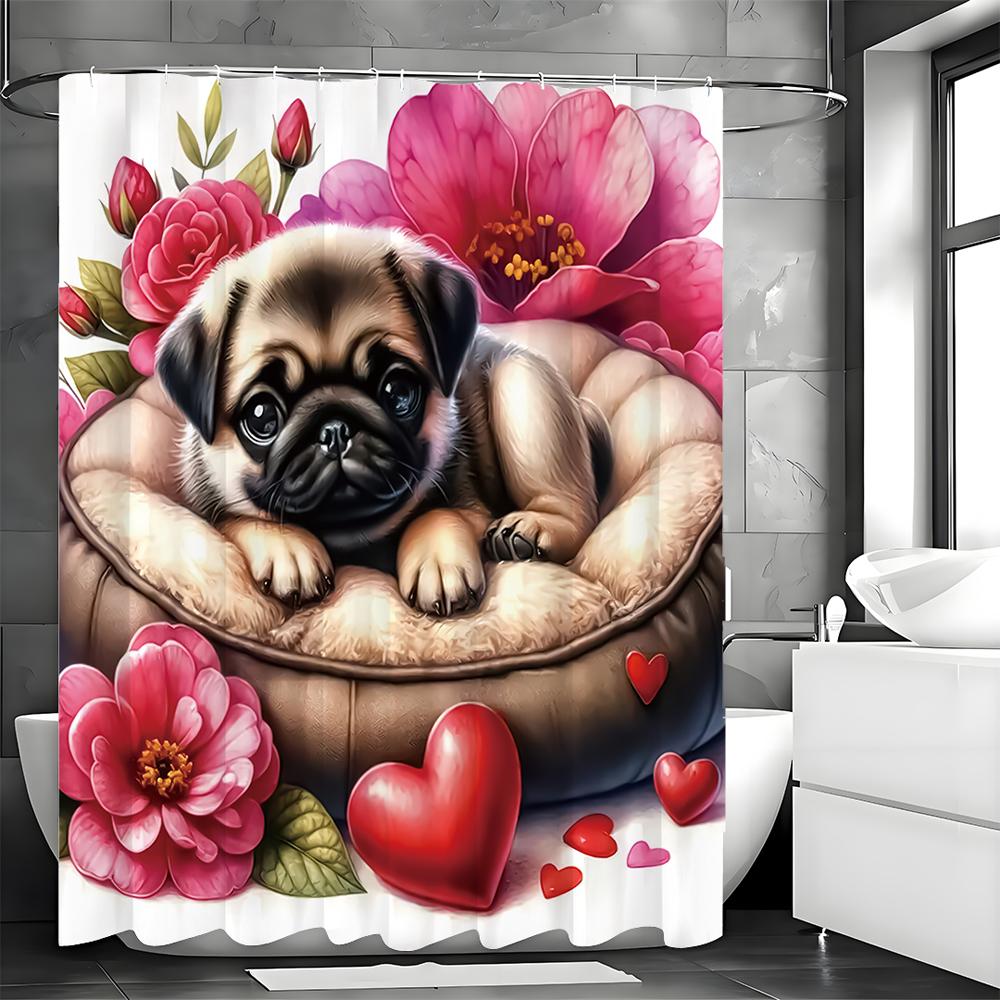 Cute Dog Flower Love Shower Curtain, Bathroom Decorative Shower Curtain, Waterproof Shower Curtain with Hooks