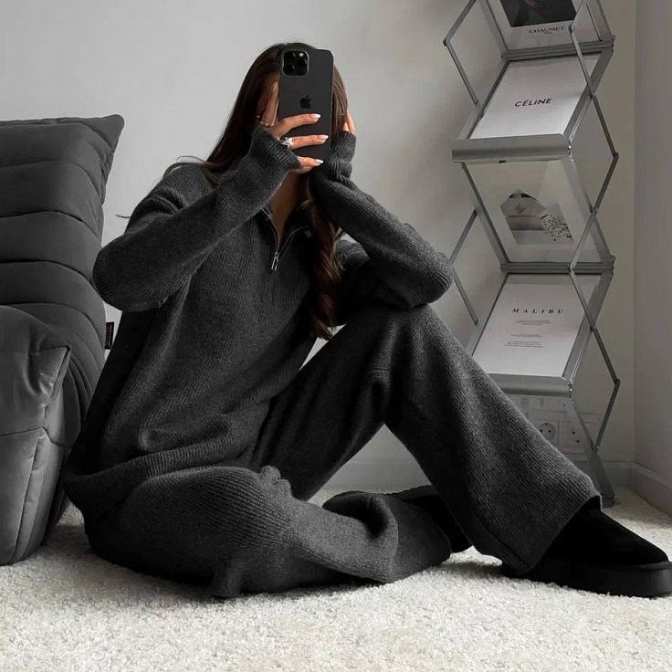 Женский однотонный костюм с капюшоном и длинным рукавом, свободный топ, широкие брюки, осень-зима