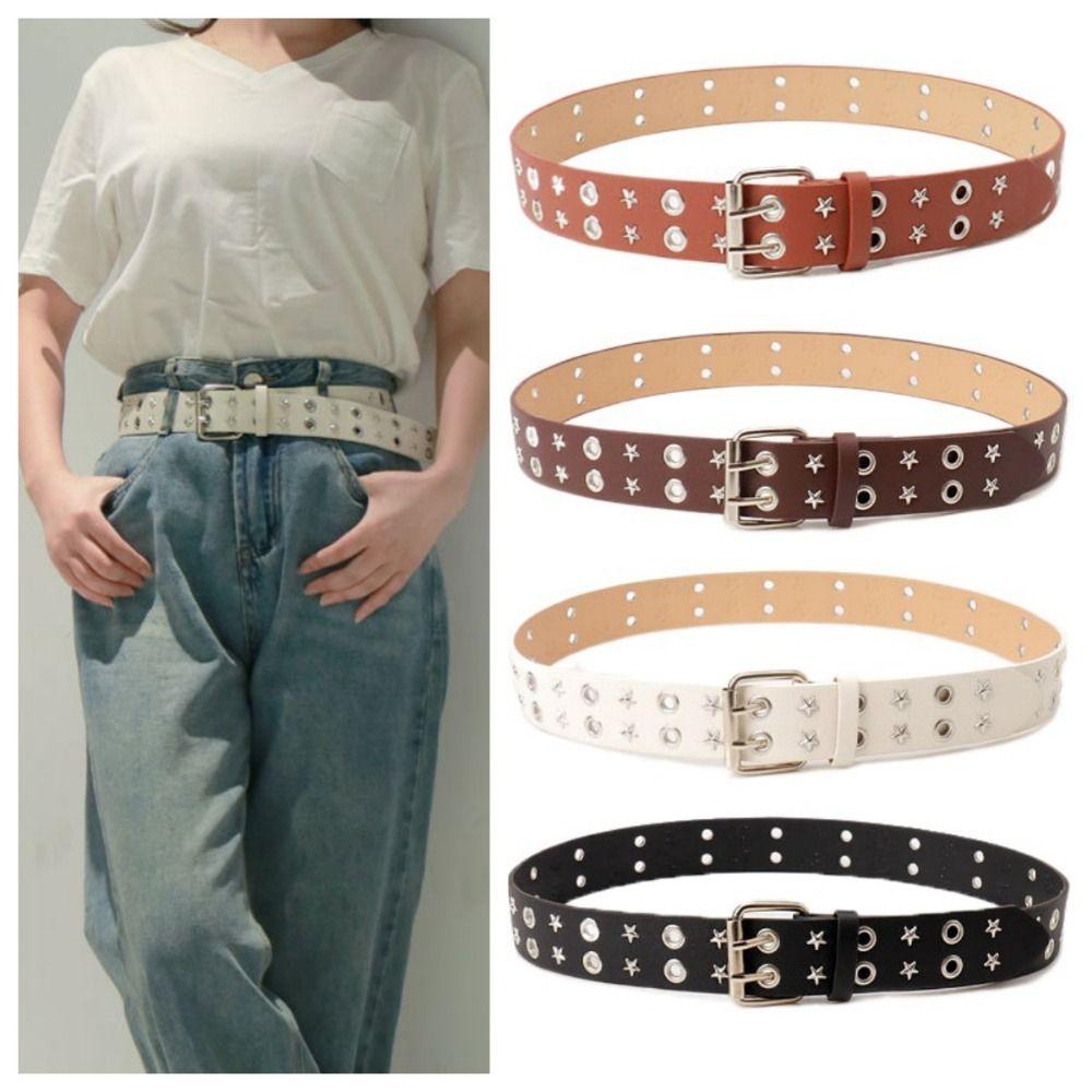 Pentagram Star Waist Belt Belt Double Row Hole Rivet Waist Belt PU Leather Waistbands Daily