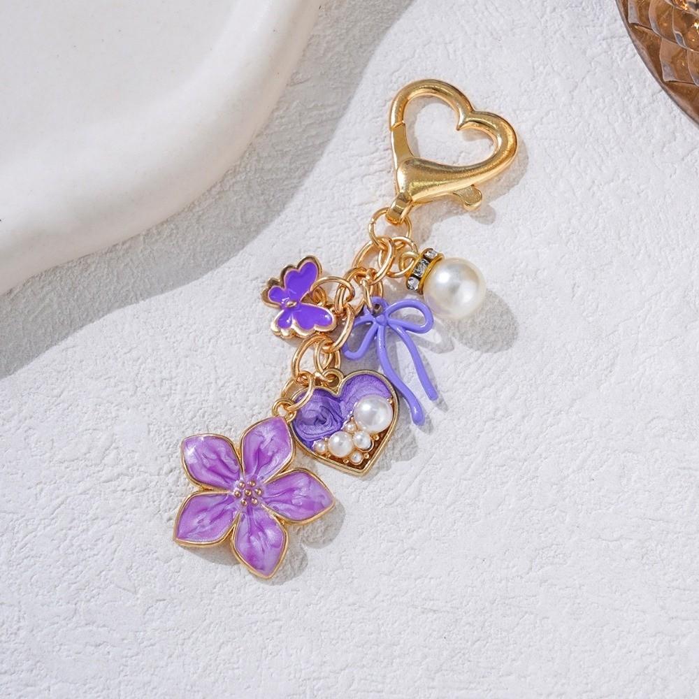 Elegant Zinc Alloy Keychain Heart Shape Pearl Accent Bag Charm Butterfly Shape Enamel Flower Pendant Charm Bag Decoration