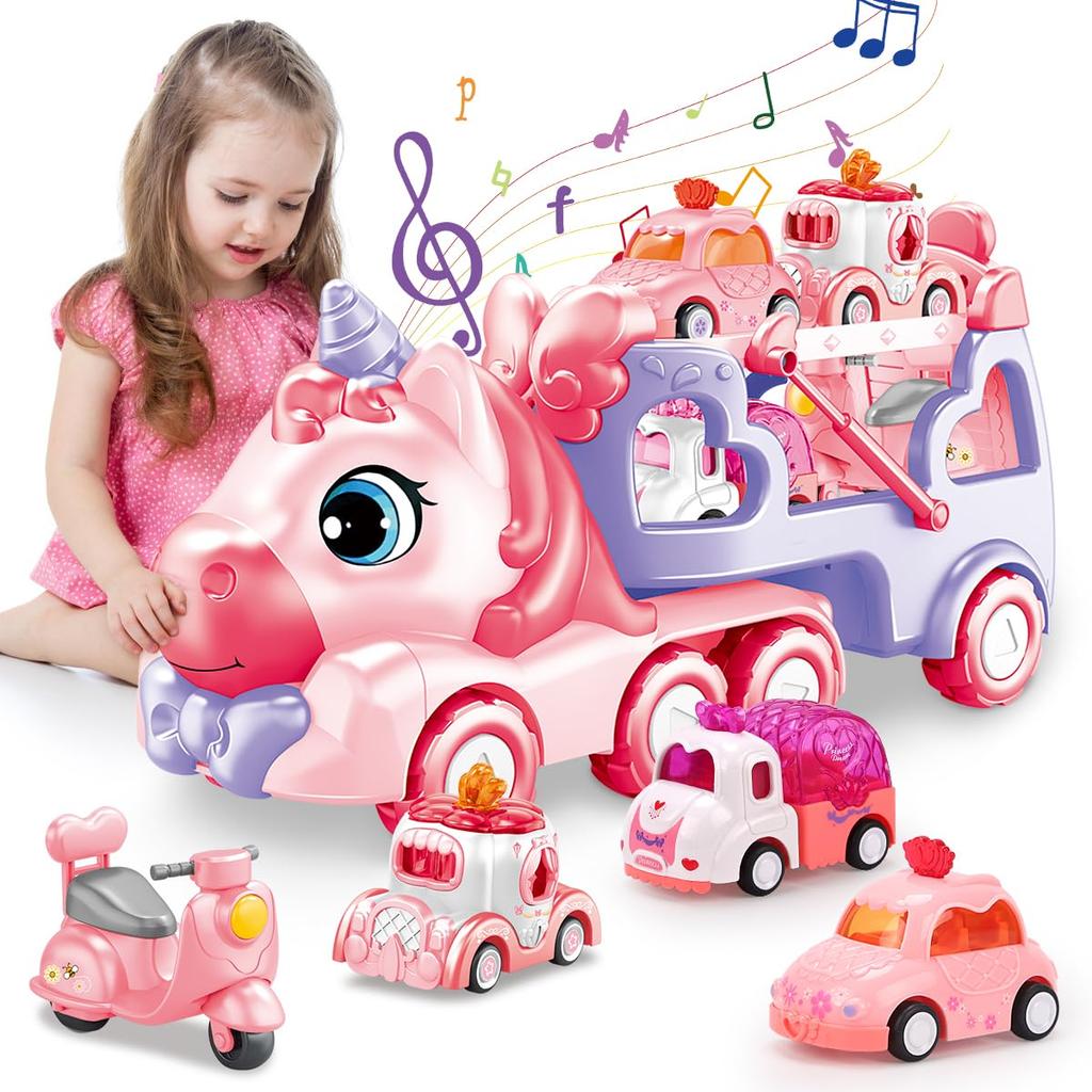 Qizebaby Car Toy Construction Truck Kids Toy Car 5 In 1 Popular Toy Car with Light and Music Educational Toy 2 3 4 5 6 Years Old Girls Birthday