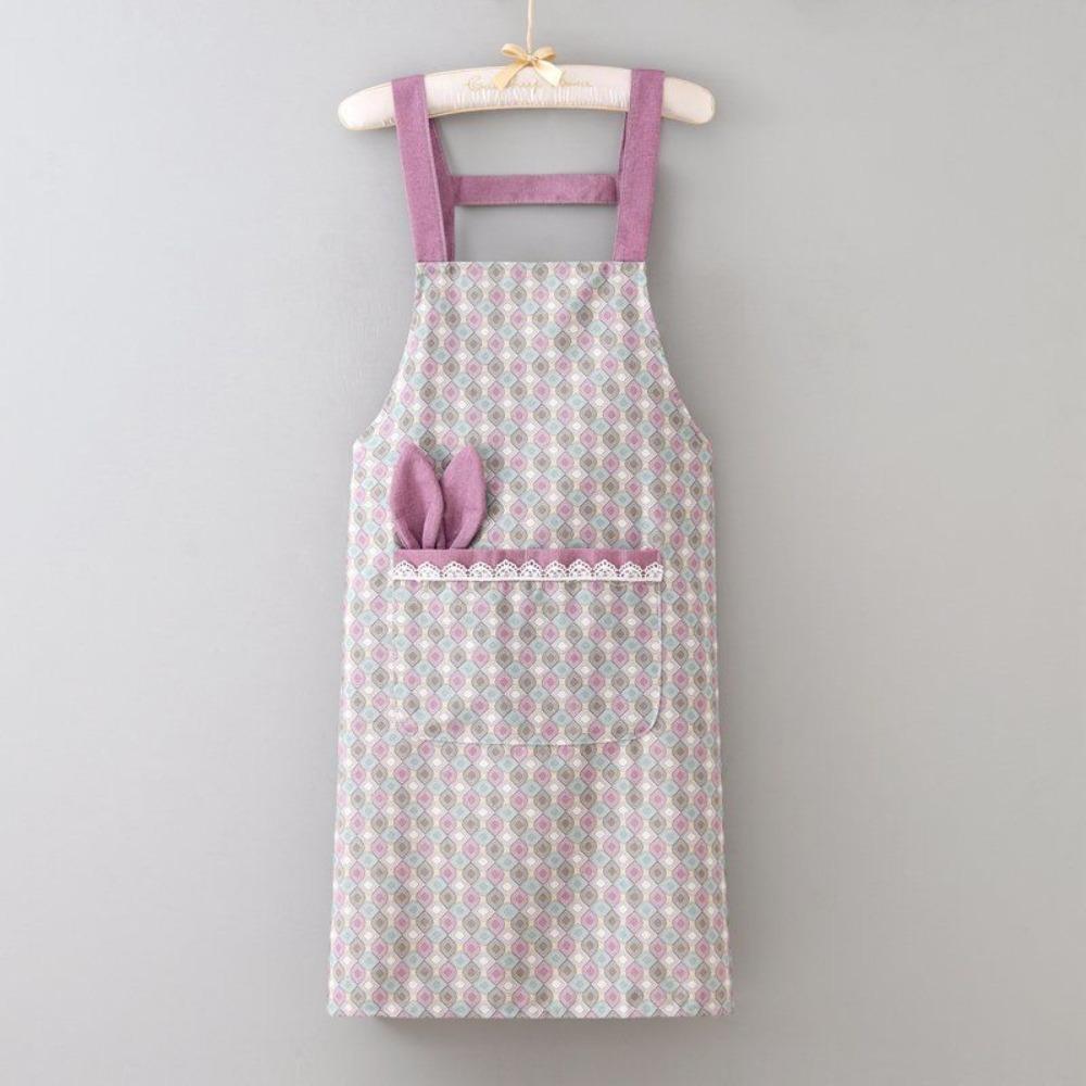 Fashion Cute Cooking Apron Canvas Large Pockets Baking Overalls Rabbit-ear Pattern Oil-Proof Household Apron for Adult