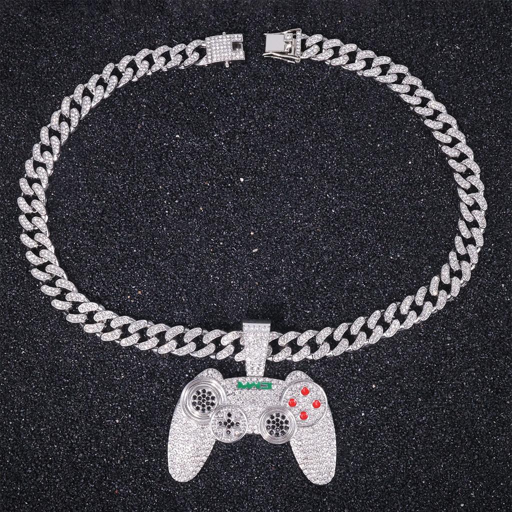 European American Hip Hop Alloy Necklace Full Diamond Game Console Pendant Retro Unisex Personality Rap Cuban Chain Accessories
