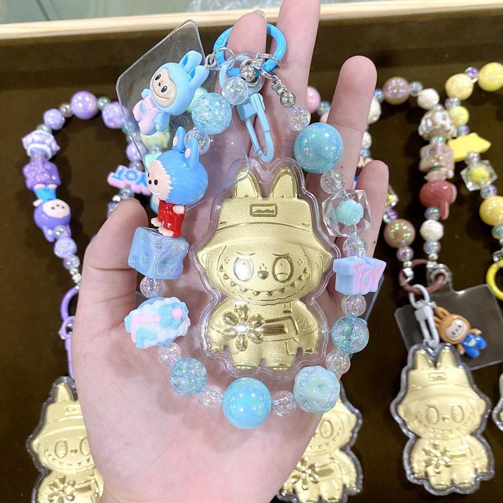 999 Pure Gold Labubu Cartoon Phone Lanyard Keychain & Bag Charm for Women