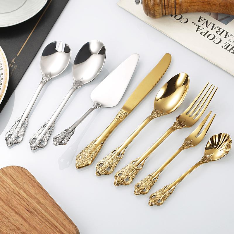 Кухонный набор столовых приборов из серебра и золота из нержавеющей стали Королевская десертная сервировочная ложка Вилки Ножи для стейков Столовые приборы Посуда в западном стиле Подарки
