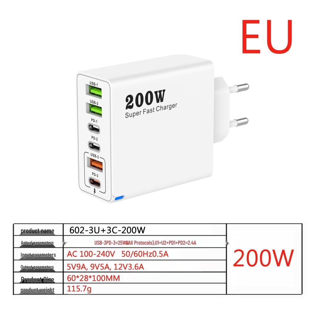 Многопортовое зарядное устройство 200 Вт: 3 USB + 3 PD, Быстрое зарядное устройство 6-в-1 для мобильных телефонов, 5 В/2,4 А, Стандарты ЕС/США/Великобритании