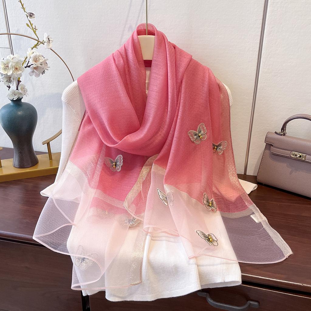 New Butterfly Embroidered Beads Fashionable Scarf for Women's Sun Protection and Windproof Temperament Shawl Thin Imitation Silk Scarf