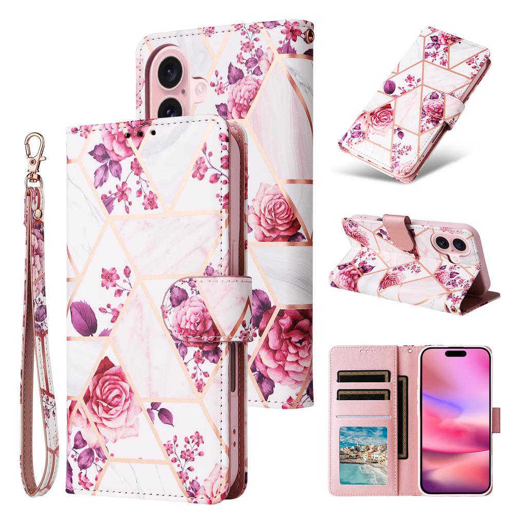 For iPhone 17 Case Lacquered Marble Pattern Leather Phone Cover with Wrist Strap