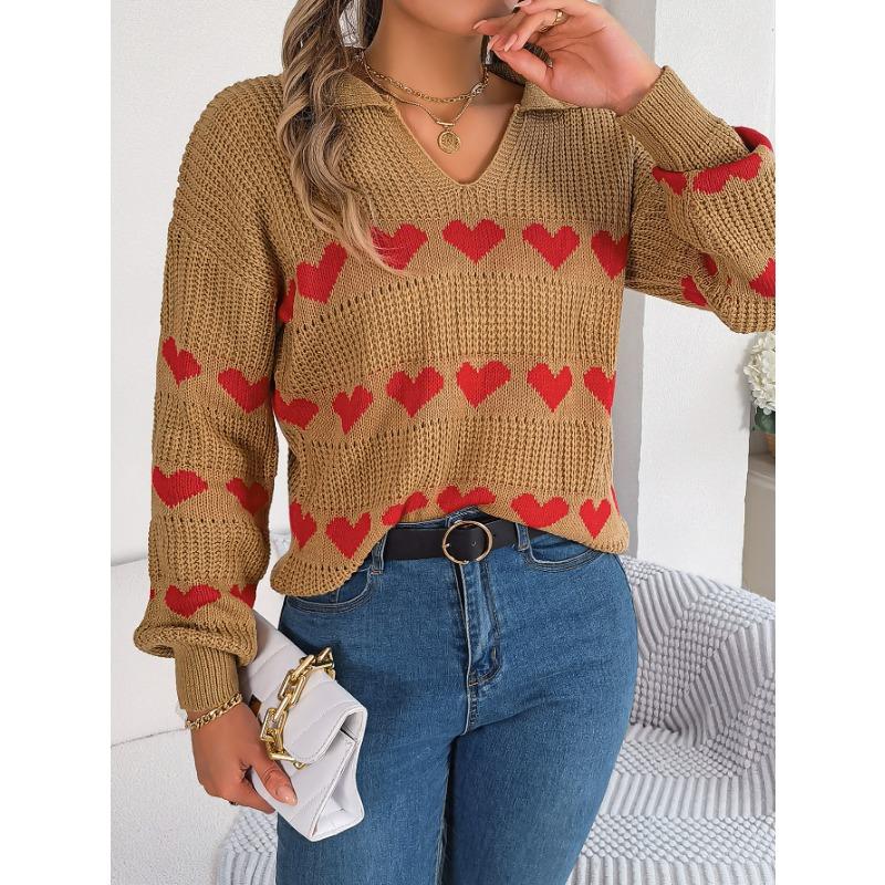 Women's Autumn and Winter Casual Lantern Sleeve Color Collision Heart Pullover Sweater