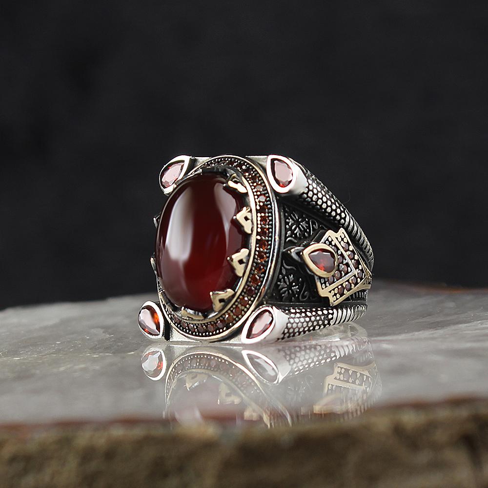 Etnik Bordo Akik Taşlı 925 Sterling Silver Man Ring