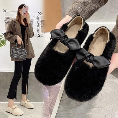 2024 Осень/Зима Новые Туфли с бантом из плюша Женские Туфли из плюша с плоской подошвой из хлопка Туфли Bean сохраняют тепло в снегу