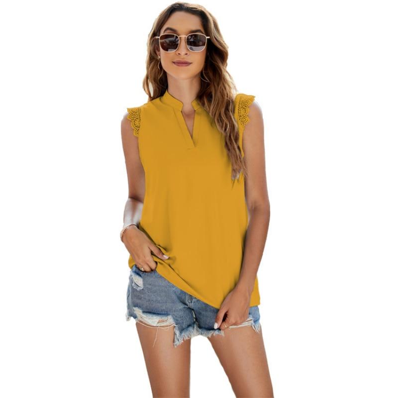 2023 Летние рубашки с V-образным вырезом без рукавов, модные однотонные повседневные майки, свободные жилеты, базовые топы, пуловеры, блузы, элегантные 25910