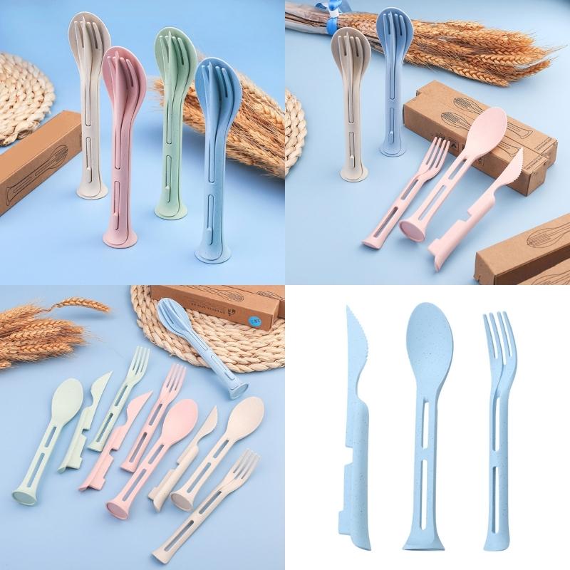 3Pcs Detachable Cutlery Travel Tableware Picnic Dinnerware Travel Portable Cutlery Set Wheat Straw Cutter Fork Spoon