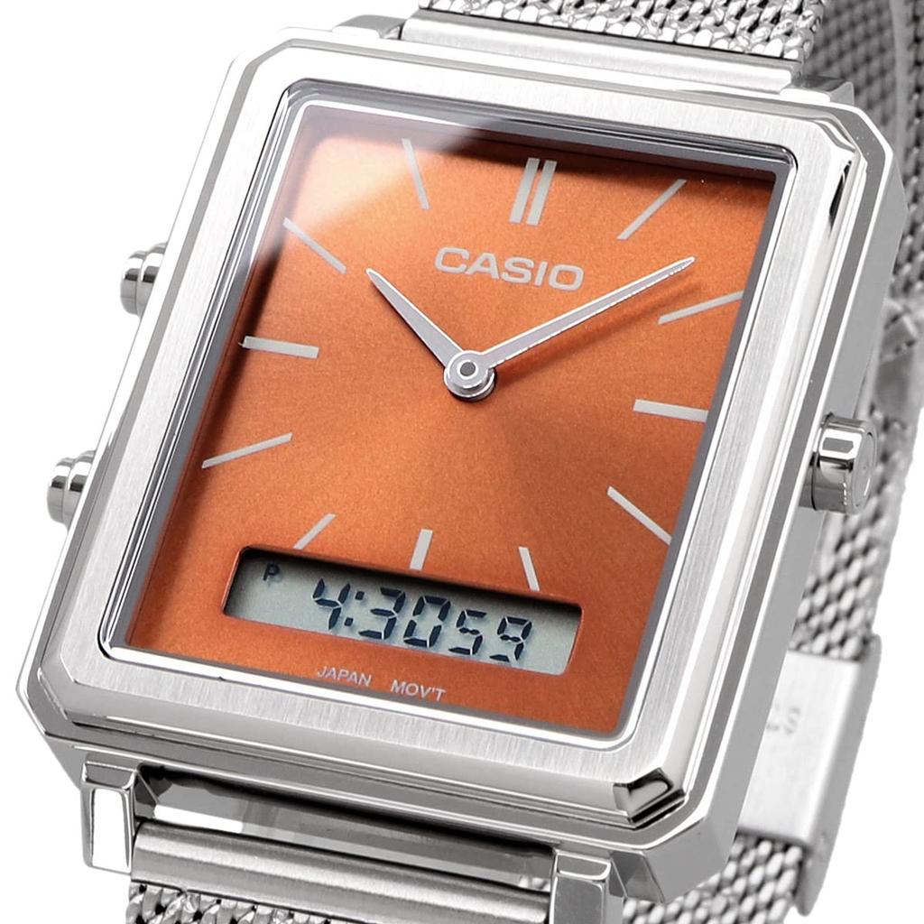Casio Стандартные прямоугольные часы с сетчатым ремешком из нержавеющей стали, коричневая модель Overseas [Casio] Ana-Digi мужские MTP-B205M-5E [Товар]