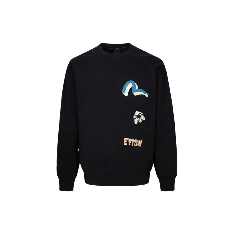 Evisu Свитшот с принтом «Чайка и голова Будды», много карманов, оверсайз, с круглым вырезом, мужской свитшот 2ESHTM4SW8044LFCT