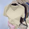 Summer Women's V-neck Short-sleeved Ribbed T-shirt