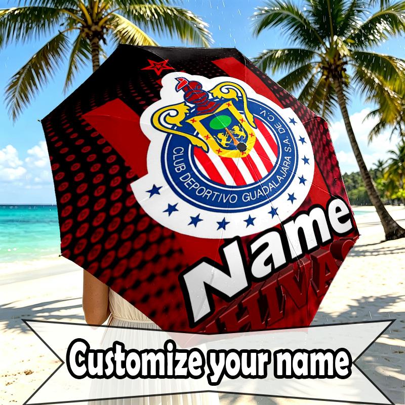 Custom Name Personalized Club Deportivo Guadalajara Print Umbrella, Auto Open Close, 8‑Rib Sturdy Frame, Commute Camping Hiking Use, Birthday Gift