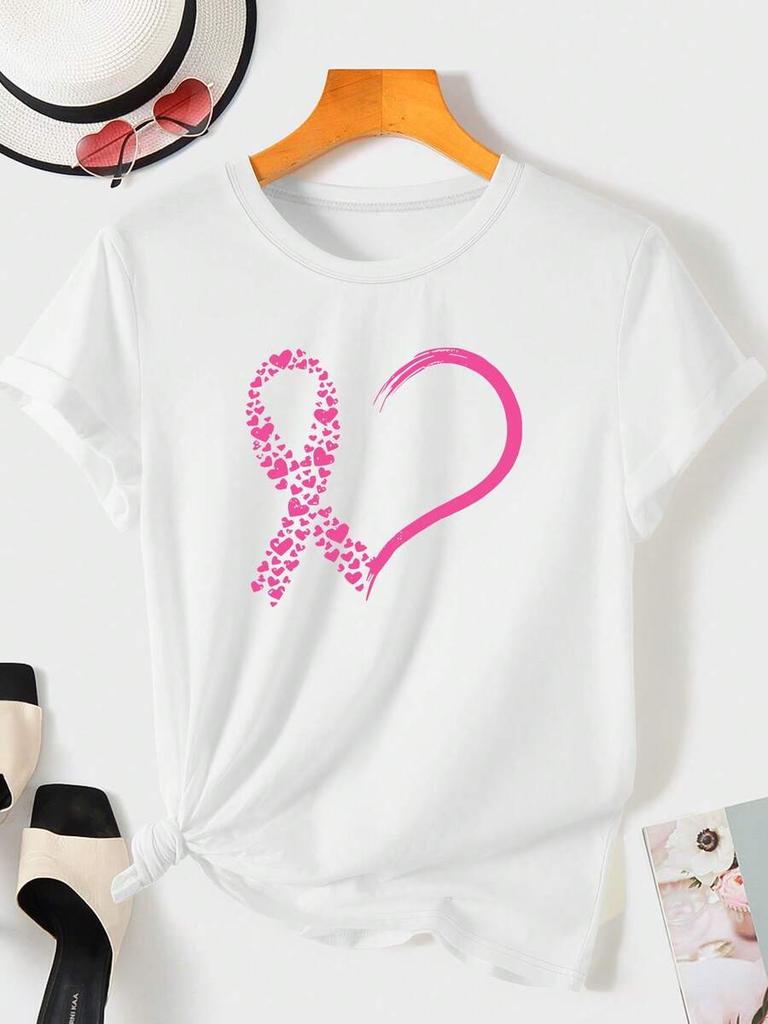 Pink Heart Ribbon Breast Cancer Awareness Graphic Print Women T-Shirt, Crew Neck Short Sleeve, Soft Washable, Casual Everyday Tops For Ladies