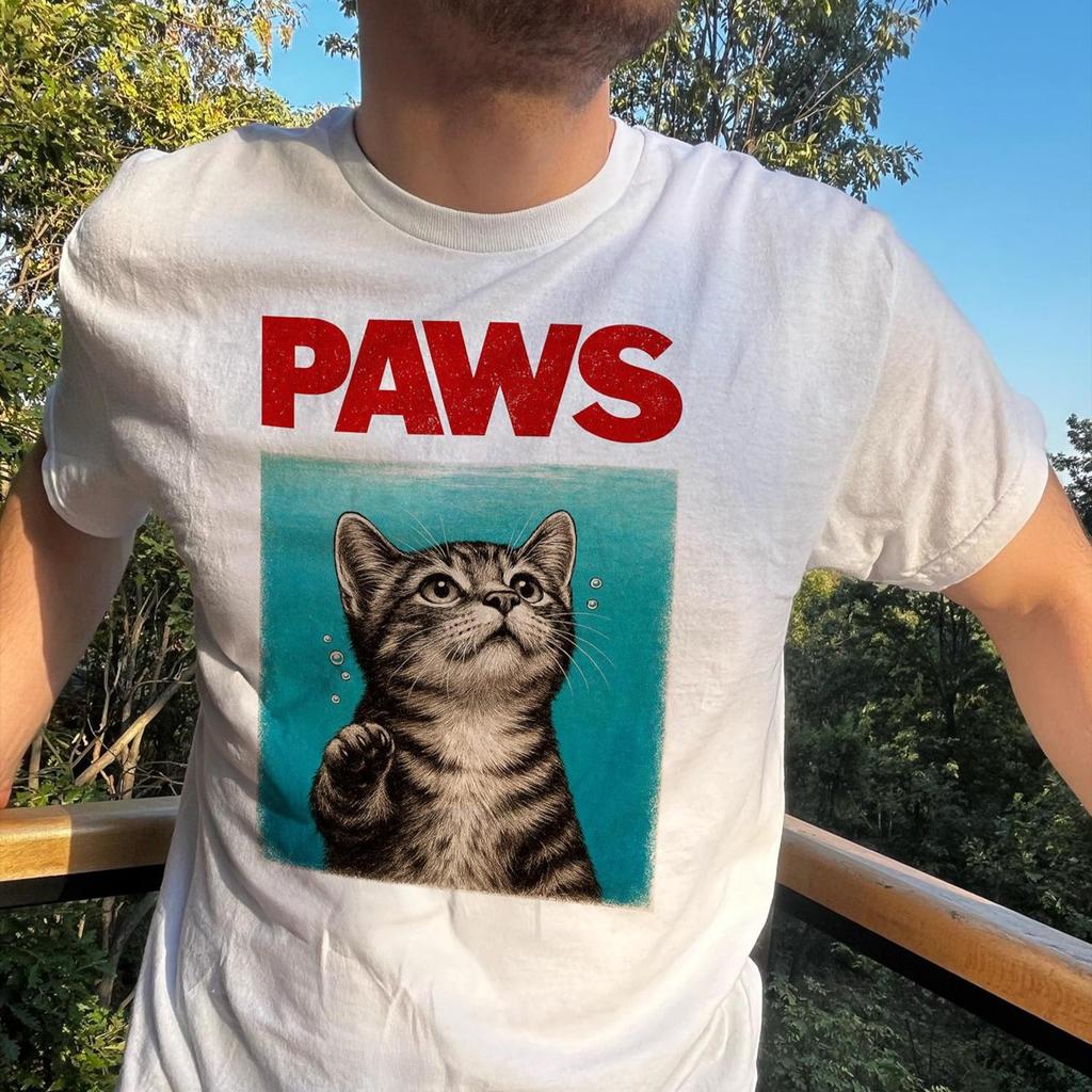 PAWS Cat T-Shirt and kids tshirt: Funny Jaws-Inspired Kitten Tee