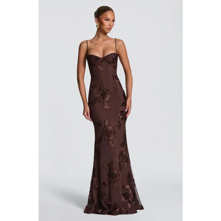 Женское strapless вышитое цветочное облегающее длинное платье Желтое вечернее платье