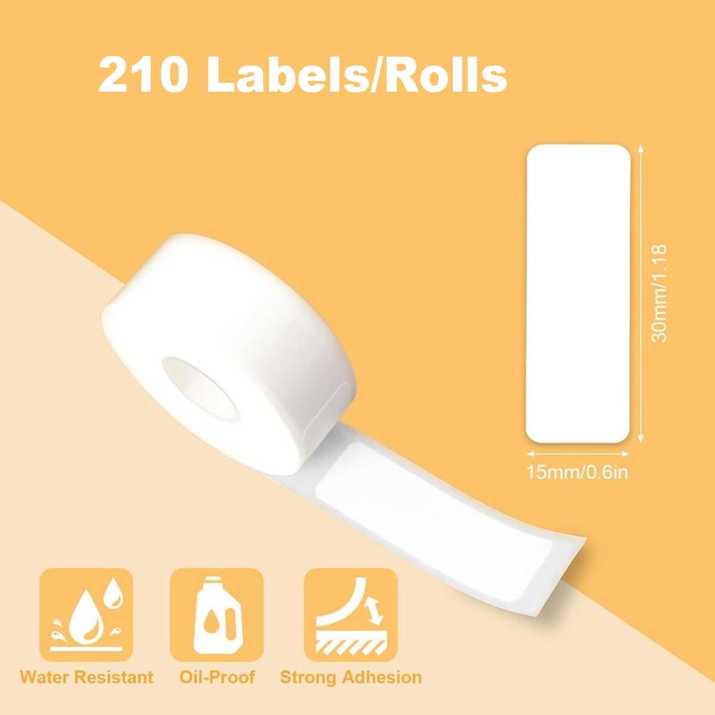 Label Maker Tape for Mini Label Printer, 1 Roll (210Pcs In Total) Thermal Sticker Labels Waterproof Anti-Oil Paper White 15 * 30mm (0.59 X 1.18 Inch)