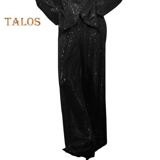 Женская рубашка с пайетками, брюки, лацкан, V-образный вырез, мешковатое пальто с длинным рукавом и средней длиной, широкие брюки большого размера для вечеринок, клубных нарядов знаменитостей