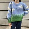 Women Autumn Winter Blue Sky and White Cloud Printed Loose Round Neck Knitted Sweater