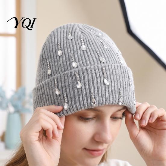 Elastic Skull Cap for Daily Wear Waterdrop Rhinestone Knit Hat, Bling Stretchy Winter Cuffed Knitted Sparkling Hats Women Men Cold Weather Hat