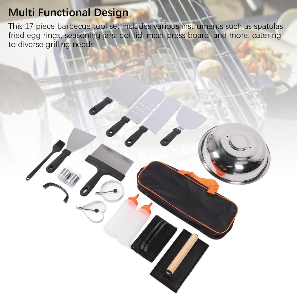 Набор из 17 предметов для барбекю из нержавеющей стали, лопатки, кольца для жарки яиц, доска-пресс для мяса, бутылка для масла и кисть для барбекю на открытом воздухе