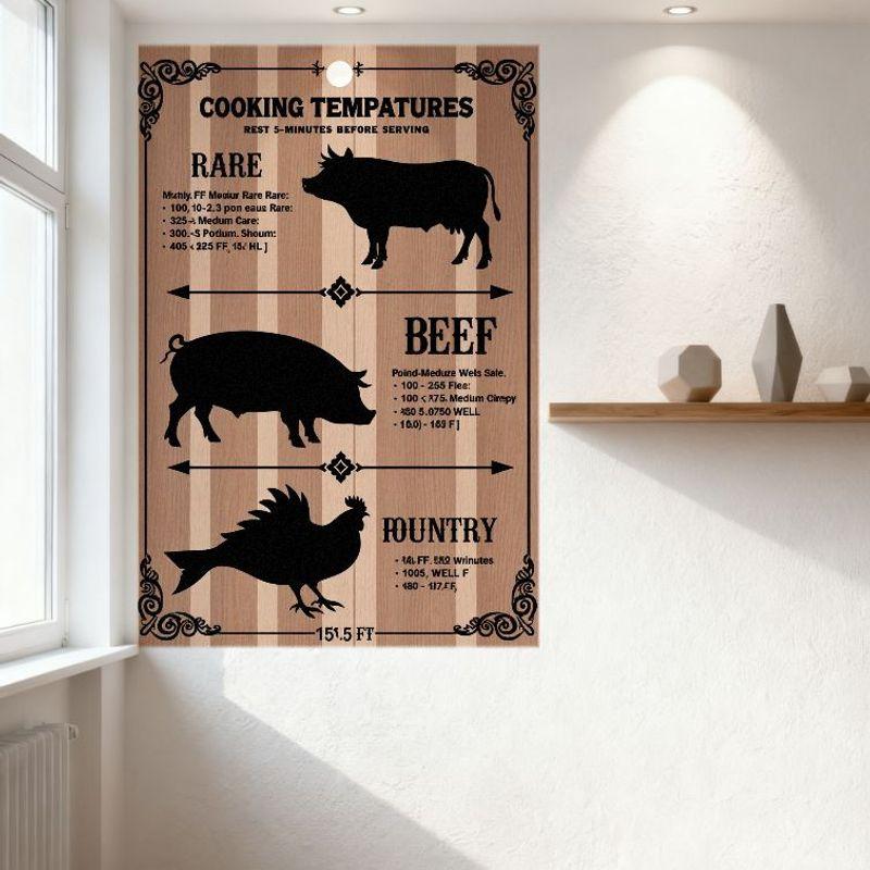 Vintage Cooking Temperatures Metal Tin Sign, Rare Beef Poultry BBQ Temperature Guide Plaque for Kitchen Man Cave Bar Restaurant