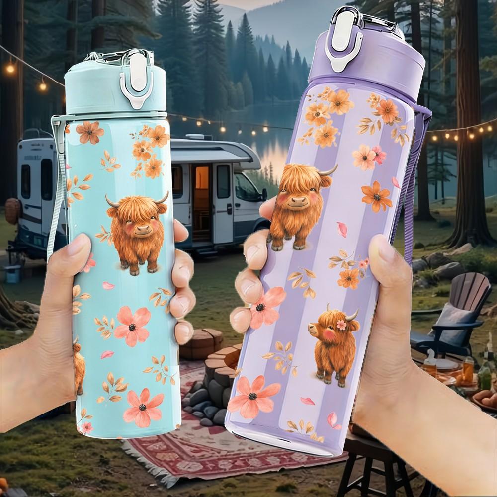 1PC Bear Cookie Repeat Doodle Pattern 750ml Color Plastic Sports Water Bottle Leakproof Flip Straw Lid Suitable for Sports Office Home Use
